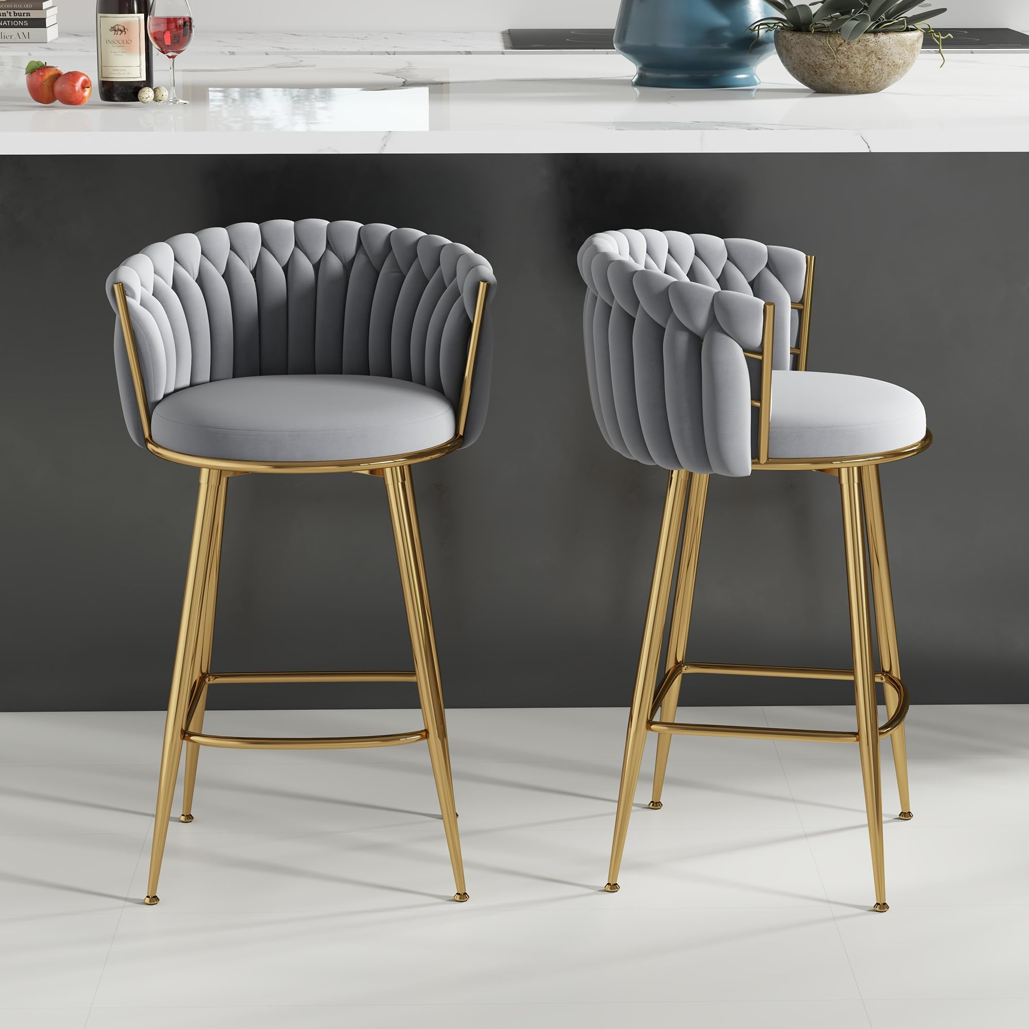 ABET Gold Bar Stool Set of 2, Velvet Swivel Barstools, Height Adjustable Counter Stools with Woven Back, Upholstered Modern Luxury Kitchen Stools with Footrest for Cafe, Pub, Black