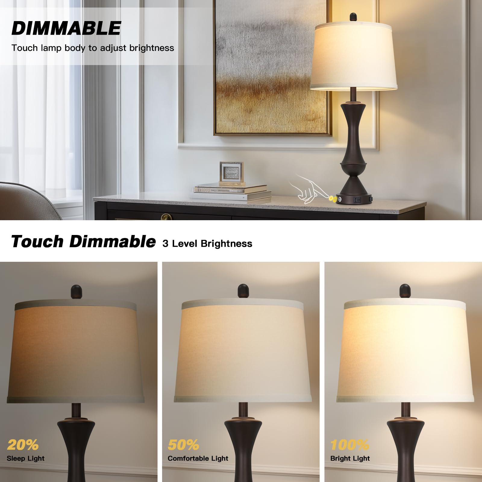 29" Gold Modern Table Lamps Set of 2, 3-Way Dimmable Touch Lamps for Nightstand with USB A+C & Outlets,Brass Lamps for Living Room, Bedroom, Nightstand, Entryway(2 Bulbs Included)