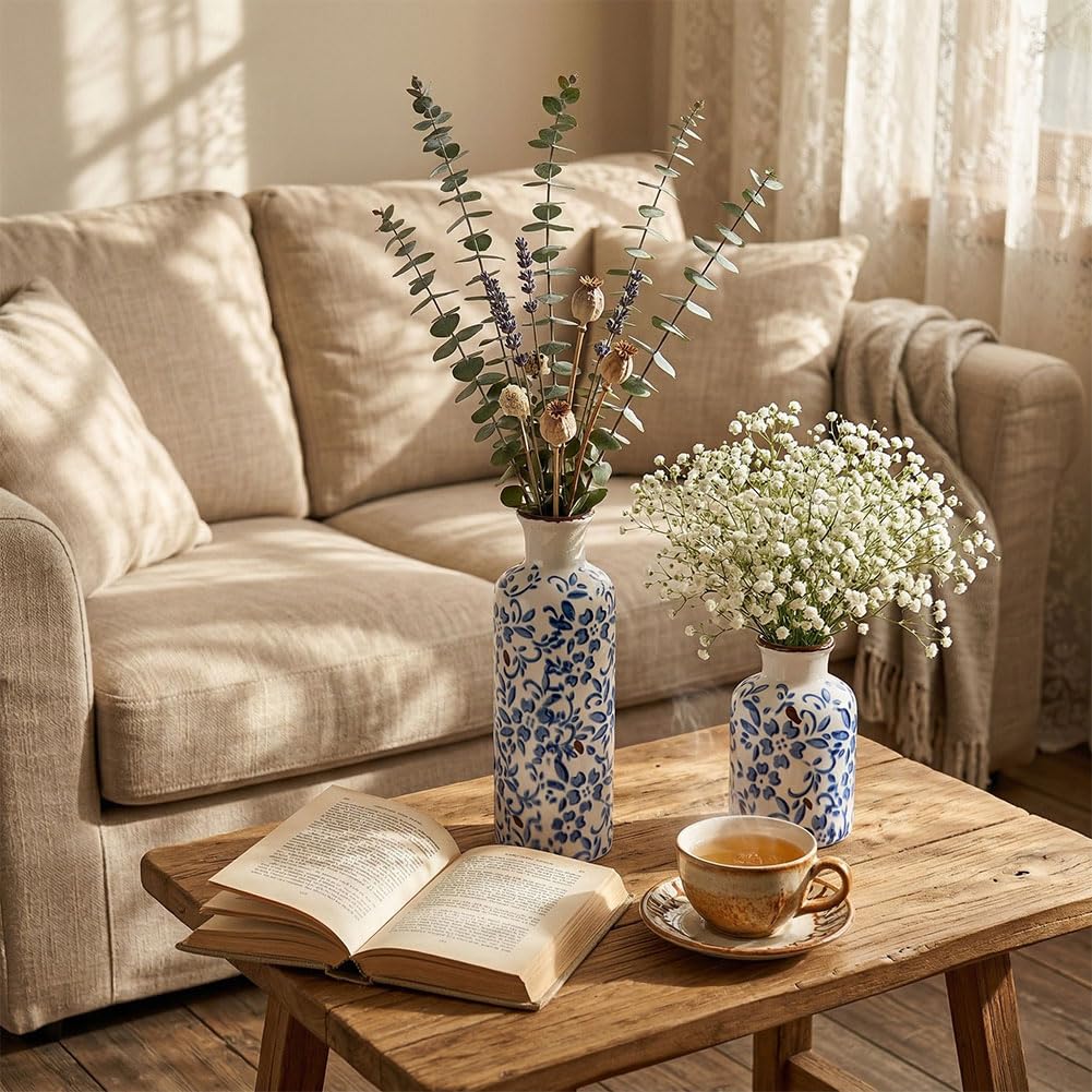 Blue Ceramic Vase Set - 3 Blue Small Vases, Farmhouse Country Flower Vase Home Decor, Living Room Decoration, Table Decoration, Fireplace Decor, and Entrance Decorations Centerpieces