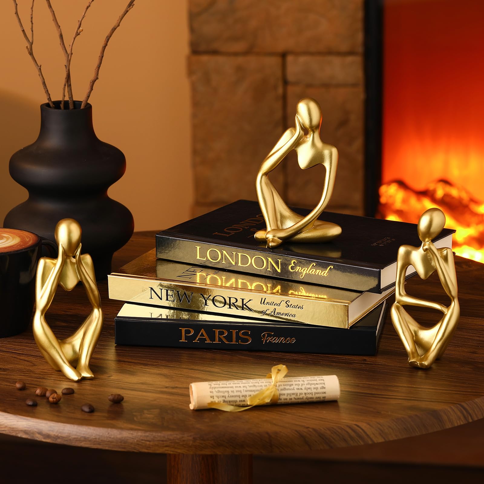 Feifeiya 6 Pcs Gold and Black Color Decorative Book & Thinker Statue Set - 3 Books Accents 3 Thinker Abstract Art Sculpture Home Decoration for Living Room Bookshelf Table Decor