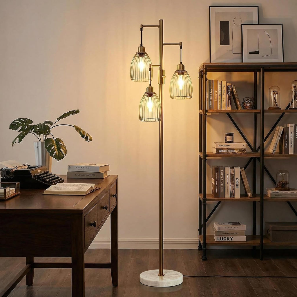 Dimmable Floor Lamp, Industrial Floor Lamps for Living Room, Gold Tree Lamp Standing Lamp Tall Lamps with 3 Elegant Teardrop Cage Head & 800 Lumens LED Bulbs for Living room Bedroom Office Dining Room