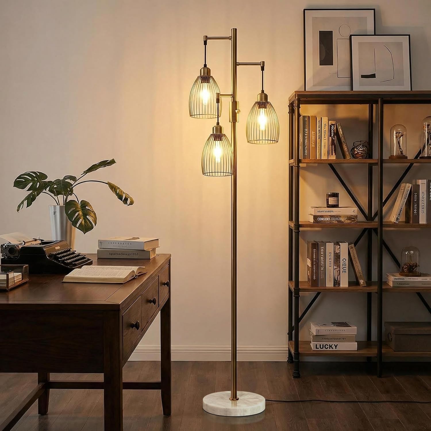 Dimmable Floor Lamp, Industrial Floor Lamps for Living Room, Gold Tree Lamp Standing Lamp Tall Lamps with 3 Elegant Teardrop Cage Head & 800 Lumens LED Bulbs for Living room Bedroom Office Dining Room