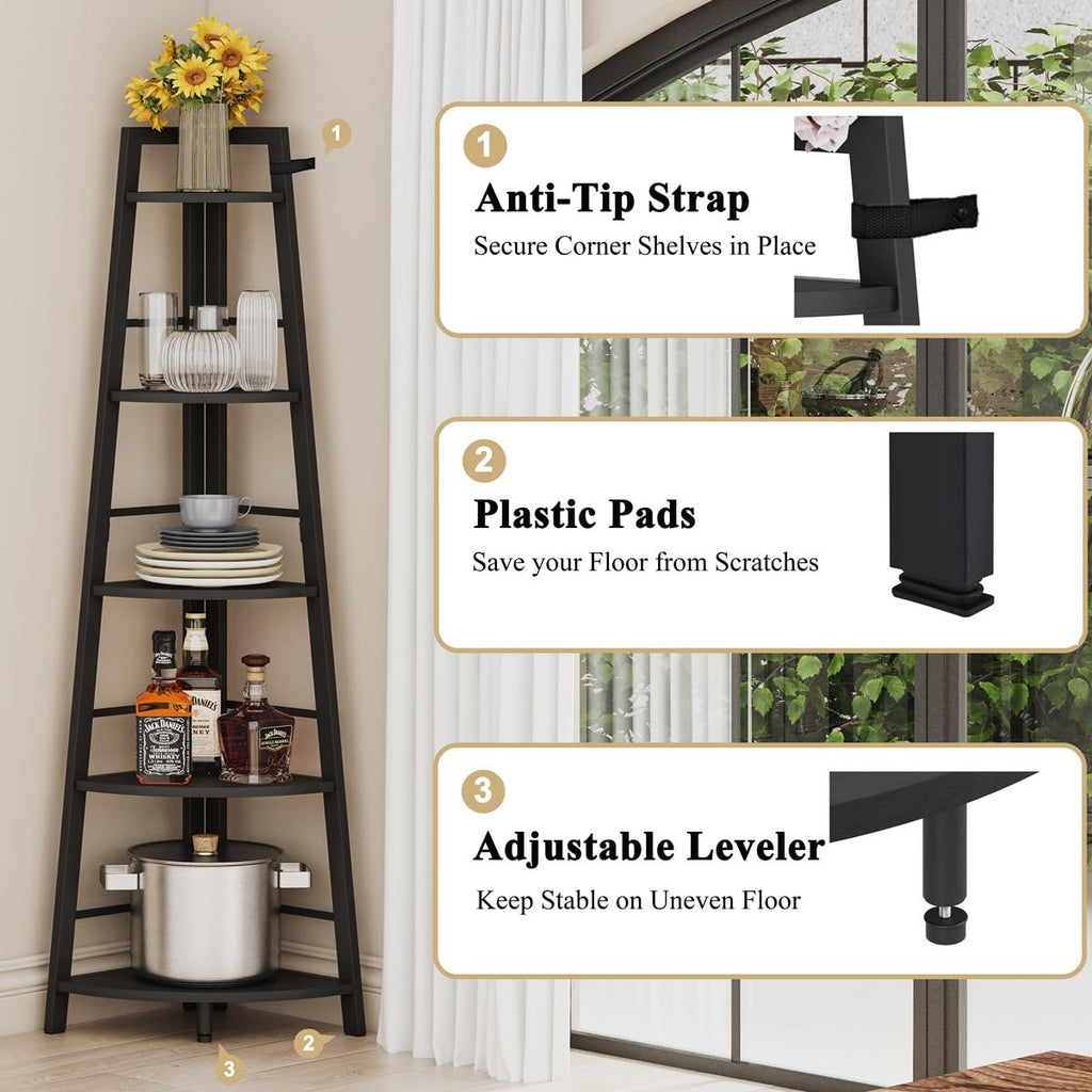 BON AUGURE 5-Tier Corner Ladder Shelf Stand, Black Metal Wood Corner Bookshelf, Narrow Tall Display Bookcase Shelving Unit for Living Room, Home Office, Small Space (Rustic Oak)