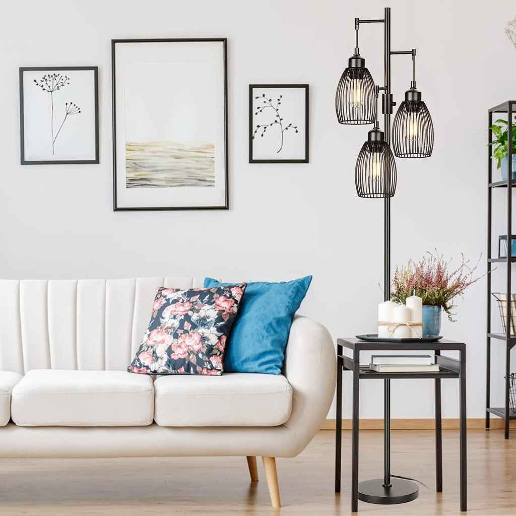 Dimmable Floor Lamp, Industrial Floor Lamps for Living Room, Gold Tree Lamp Standing Lamp Tall Lamps with 3 Elegant Teardrop Cage Head & 800 Lumens LED Bulbs for Living room Bedroom Office Dining Room