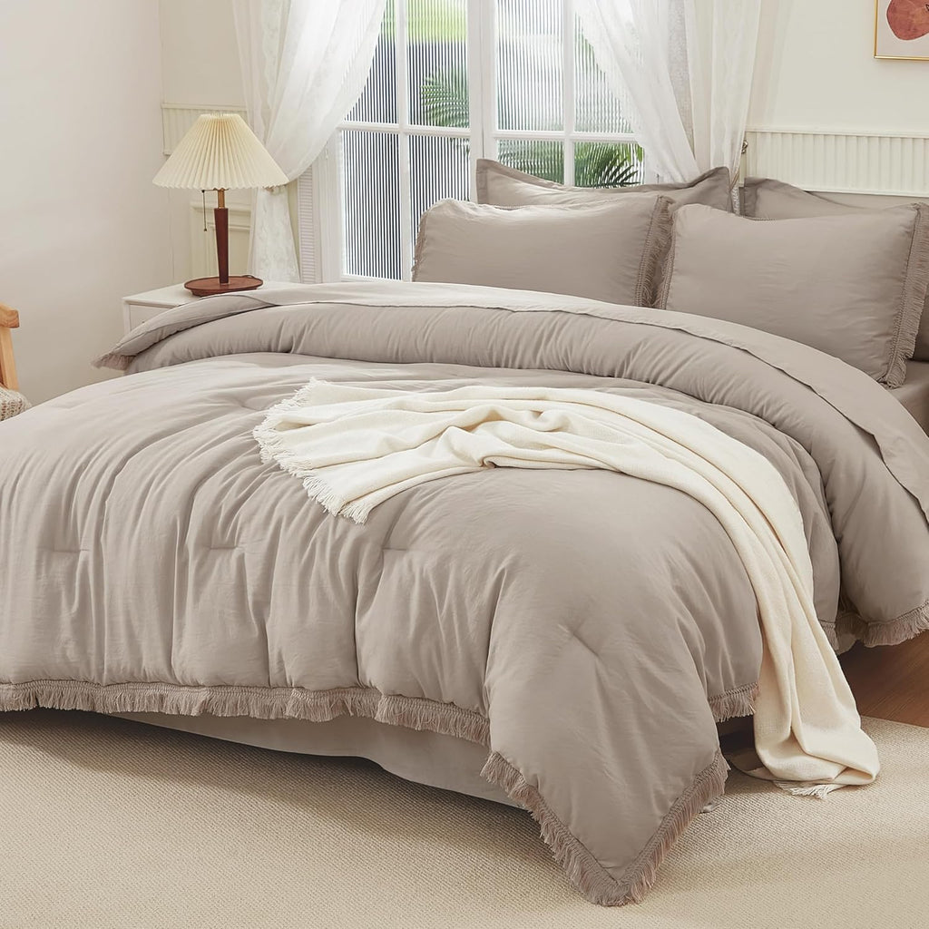 Andency King Size Comforter Set with Sheets Light Pink - 7 Pieces Bed in a Bag Boho Soft Lightweight Bedding Sets, Tassel Bed Set with Comforter, Sheets, Pillowcases & Shams