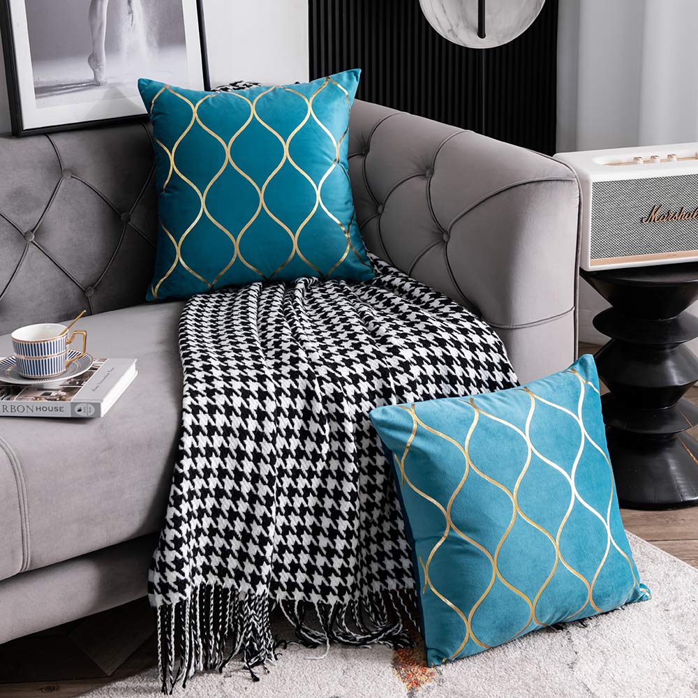 DEZENE 12x20 Inch Gold Velvet Throw Pillow Covers: 2 Pack Rectangular Decorative Pillow Cases for Bedroom Sofa Couch Living Room, Black
