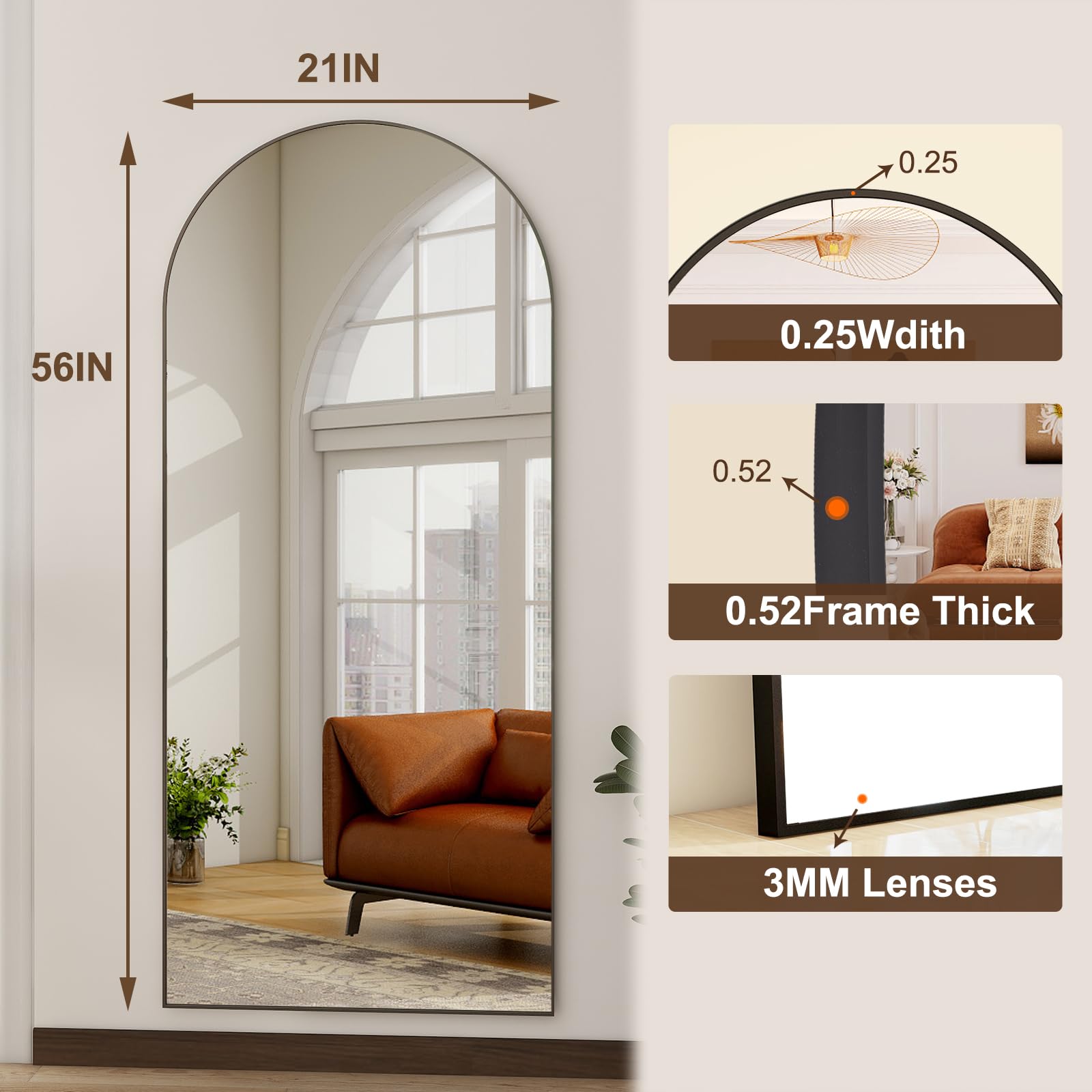 HARRITPURE 64"x21" Arched Full Length Mirror Floor Mirrors with Aluminum Alloy Frame Free-Standing Wall Mounted or Leaning Large Bedroom Dressing Mirror Modern & Contemporary Decor for Home,Black