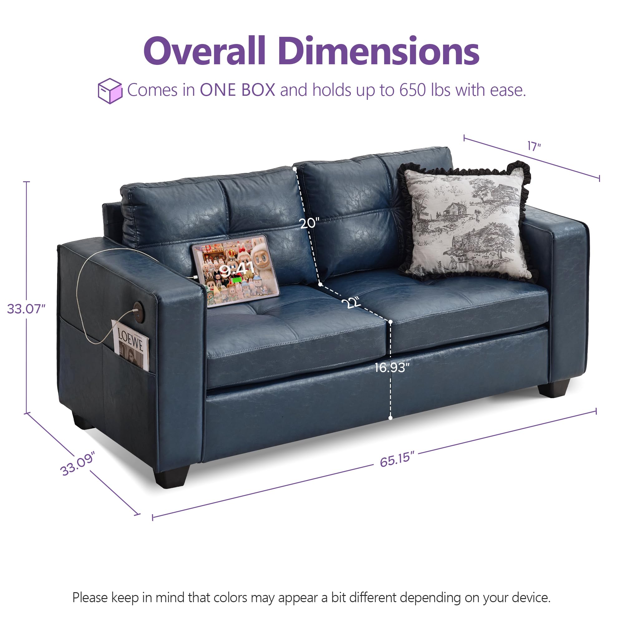 TYBOATLE 88" W Blue Faux Leather L Shaped Sectional Couches w/Side Pockets, Comfy Modular Convertible Sofas w/USB, Office Sofa Set with Chaise for Living Room, Bedroom (Blue, 3L)