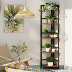 BON AUGURE 5-Tier Corner Ladder Shelf Stand, Black Metal Wood Corner Bookshelf, Narrow Tall Display Bookcase Shelving Unit for Living Room, Home Office, Small Space (Rustic Oak)