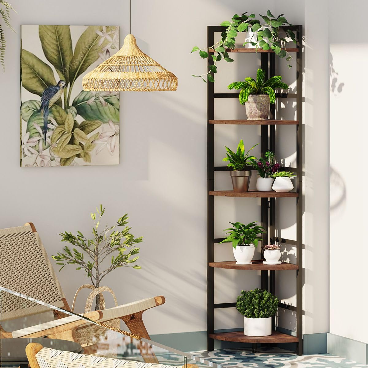 BON AUGURE 5-Tier Corner Ladder Shelf Stand, Black Metal Wood Corner Bookshelf, Narrow Tall Display Bookcase Shelving Unit for Living Room, Home Office, Small Space (Rustic Oak)
