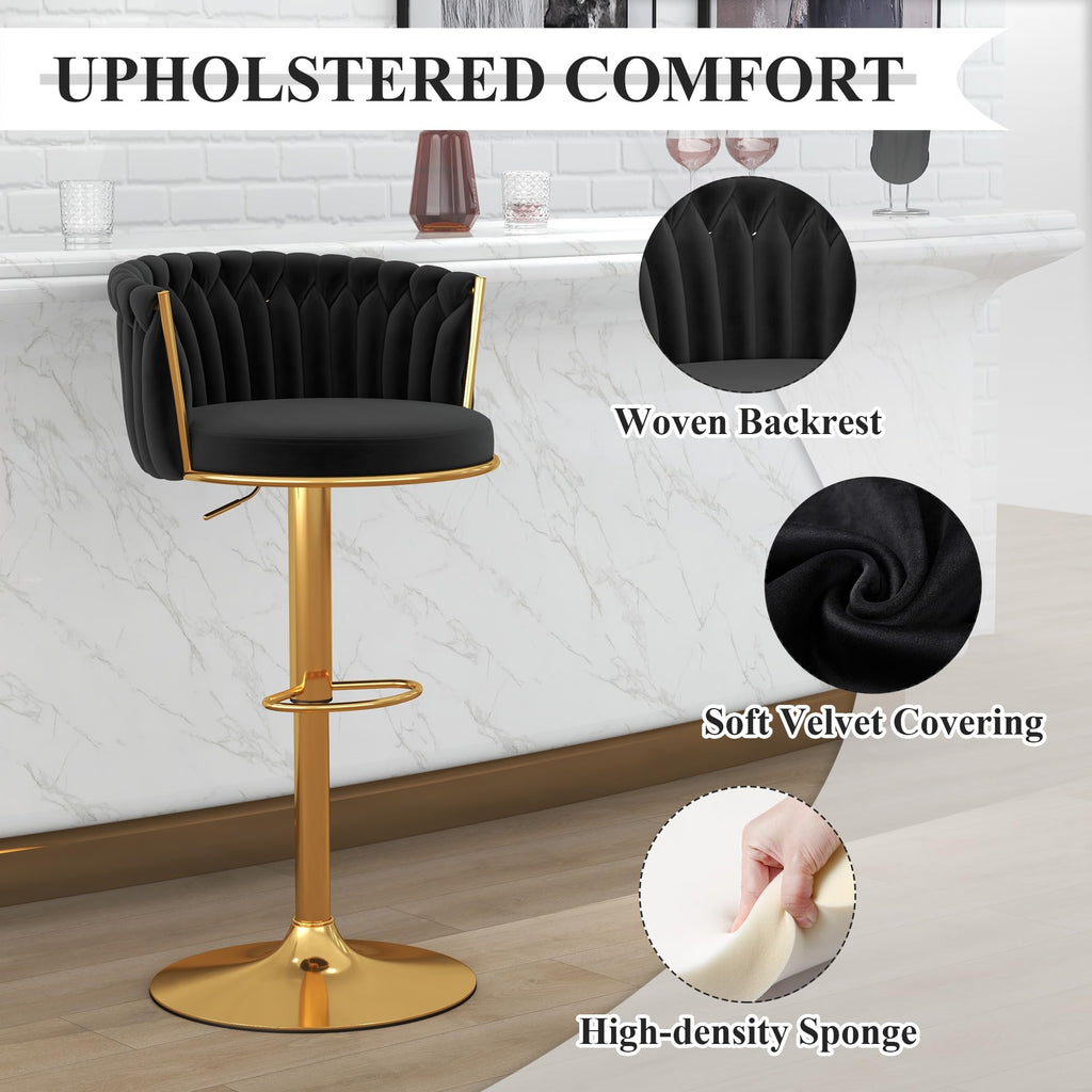 ABET Gold Bar Stool Set of 2, Velvet Swivel Barstools, Height Adjustable Counter Stools with Woven Back, Upholstered Modern Luxury Kitchen Stools with Footrest for Cafe, Pub, Black