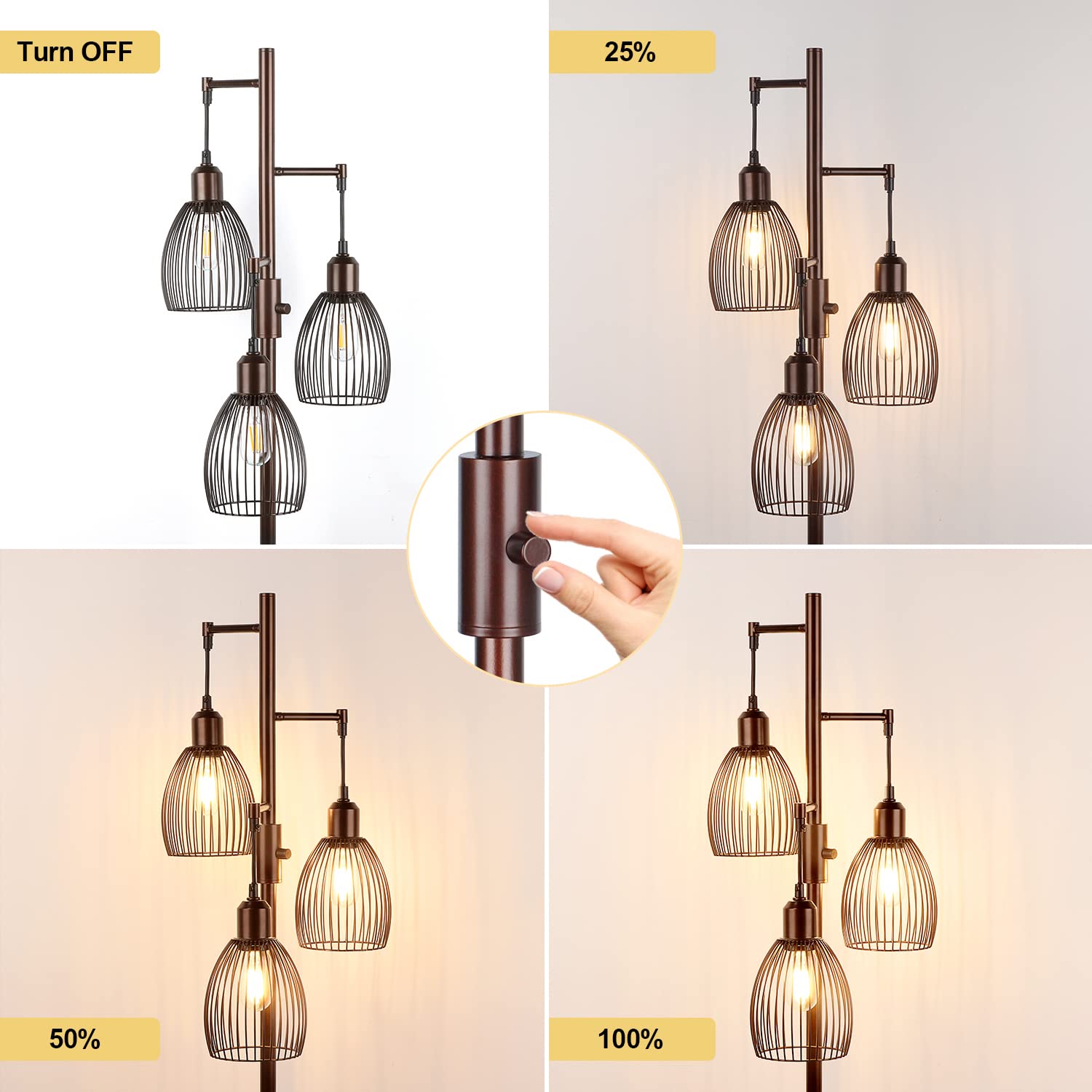 Dimmable Floor Lamp, Industrial Floor Lamps for Living Room, Gold Tree Lamp Standing Lamp Tall Lamps with 3 Elegant Teardrop Cage Head & 800 Lumens LED Bulbs for Living room Bedroom Office Dining Room