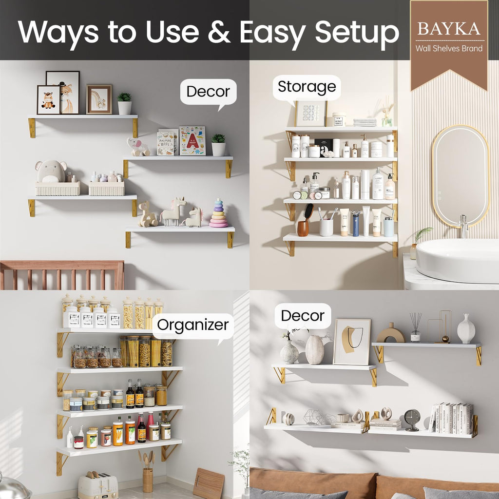 BAYKA Floating Shelves for Bedroom Decor, Wall Shelves for Storage, Wall Mounted Rustic Wood Floating Shelf for Books,Corner Shelf for Bathroom,Kitchen,Living Room(Black and Gold，Set of 4)