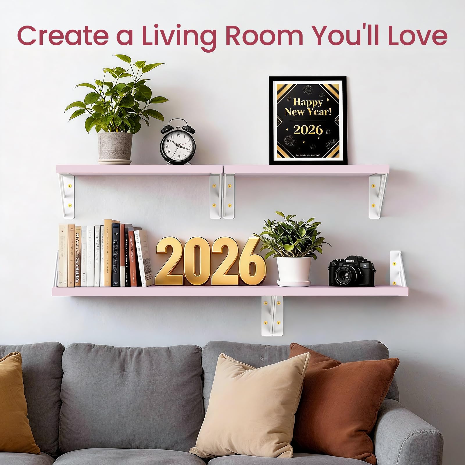 BAYKA Floating Shelves for Bedroom Decor, Wall Shelves for Storage, Wall Mounted Rustic Wood Floating Shelf for Books,Corner Shelf for Bathroom,Kitchen,Living Room(Black and Gold，Set of 4)