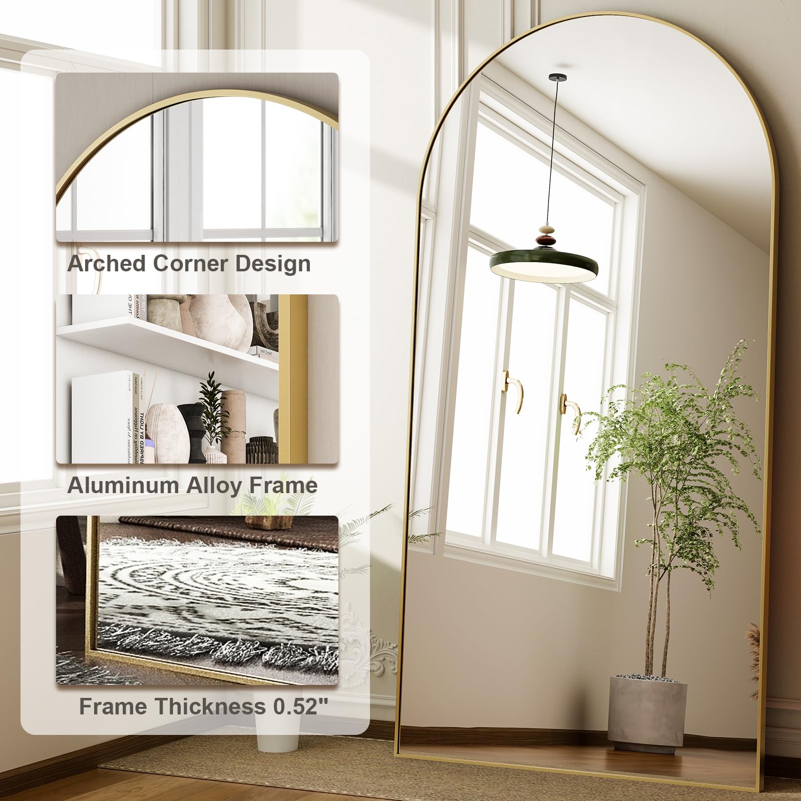 HARRITPURE 64"x21" Arched Full Length Mirror Floor Mirrors with Aluminum Alloy Frame Free-Standing Wall Mounted or Leaning Large Bedroom Dressing Mirror Modern & Contemporary Decor for Home,Black
