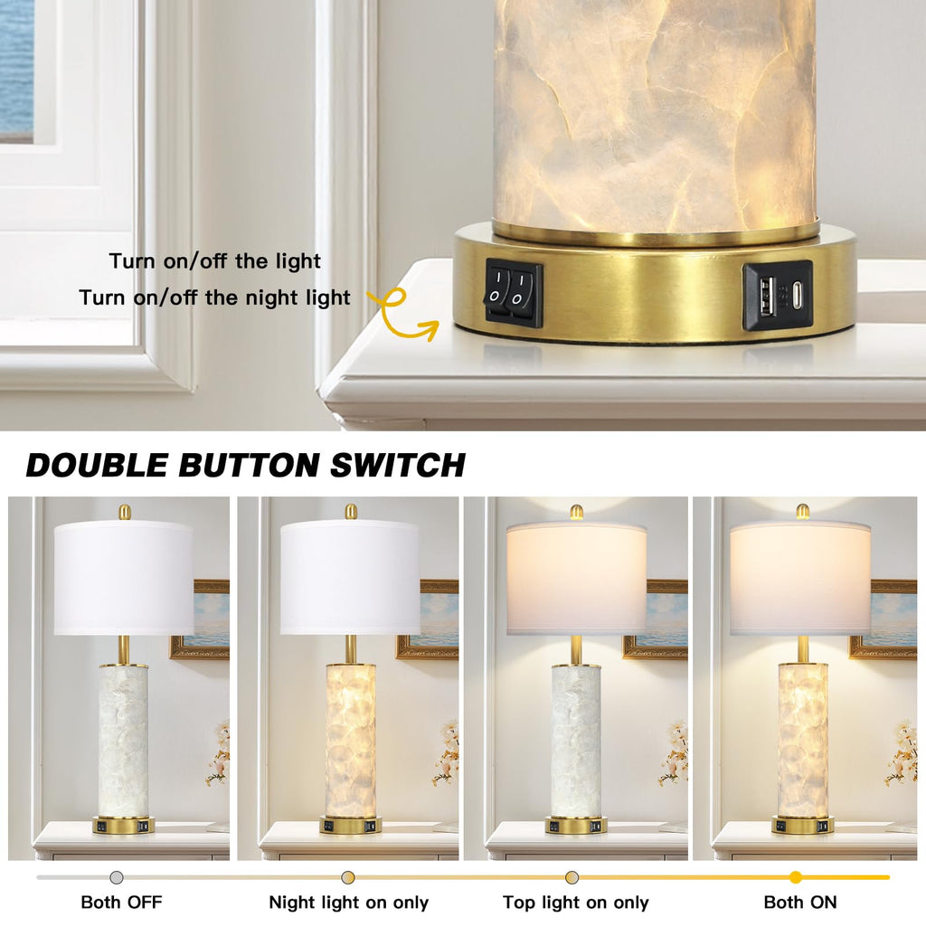 29" Gold Modern Table Lamps Set of 2, 3-Way Dimmable Touch Lamps for Nightstand with USB A+C & Outlets,Brass Lamps for Living Room, Bedroom, Nightstand, Entryway(2 Bulbs Included)