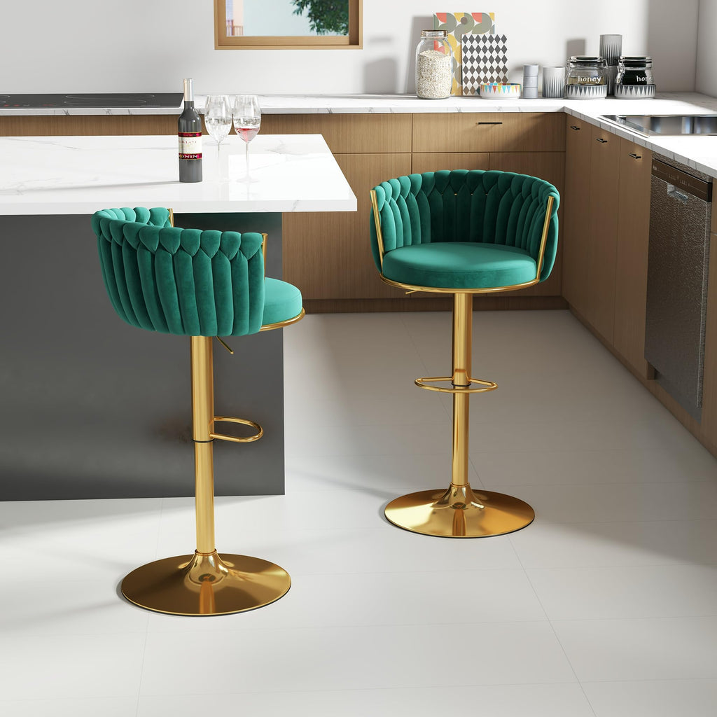 ABET Gold Bar Stool Set of 2, Velvet Swivel Barstools, Height Adjustable Counter Stools with Woven Back, Upholstered Modern Luxury Kitchen Stools with Footrest for Cafe, Pub, Black