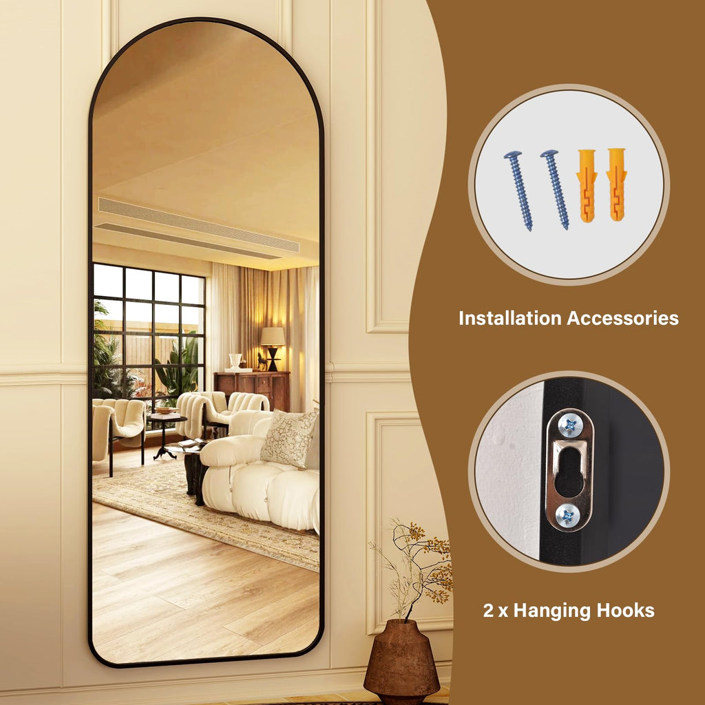 HARRITPURE 64"x21" Arched Full Length Mirror Floor Mirrors with Aluminum Alloy Frame Free-Standing Wall Mounted or Leaning Large Bedroom Dressing Mirror Modern & Contemporary Decor for Home,Black