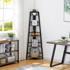BON AUGURE 5-Tier Corner Ladder Shelf Stand, Black Metal Wood Corner Bookshelf, Narrow Tall Display Bookcase Shelving Unit for Living Room, Home Office, Small Space (Rustic Oak)