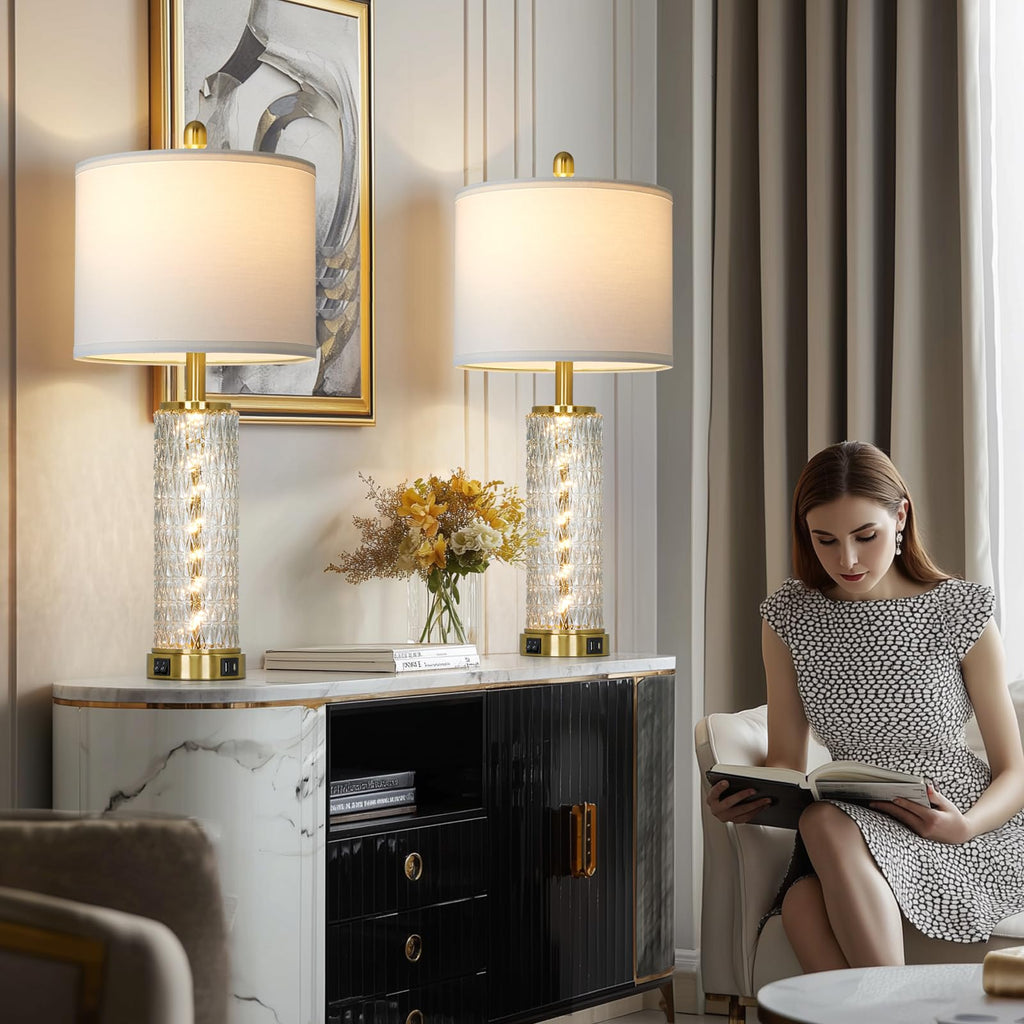 29" Gold Modern Table Lamps Set of 2, 3-Way Dimmable Touch Lamps for Nightstand with USB A+C & Outlets,Brass Lamps for Living Room, Bedroom, Nightstand, Entryway(2 Bulbs Included)