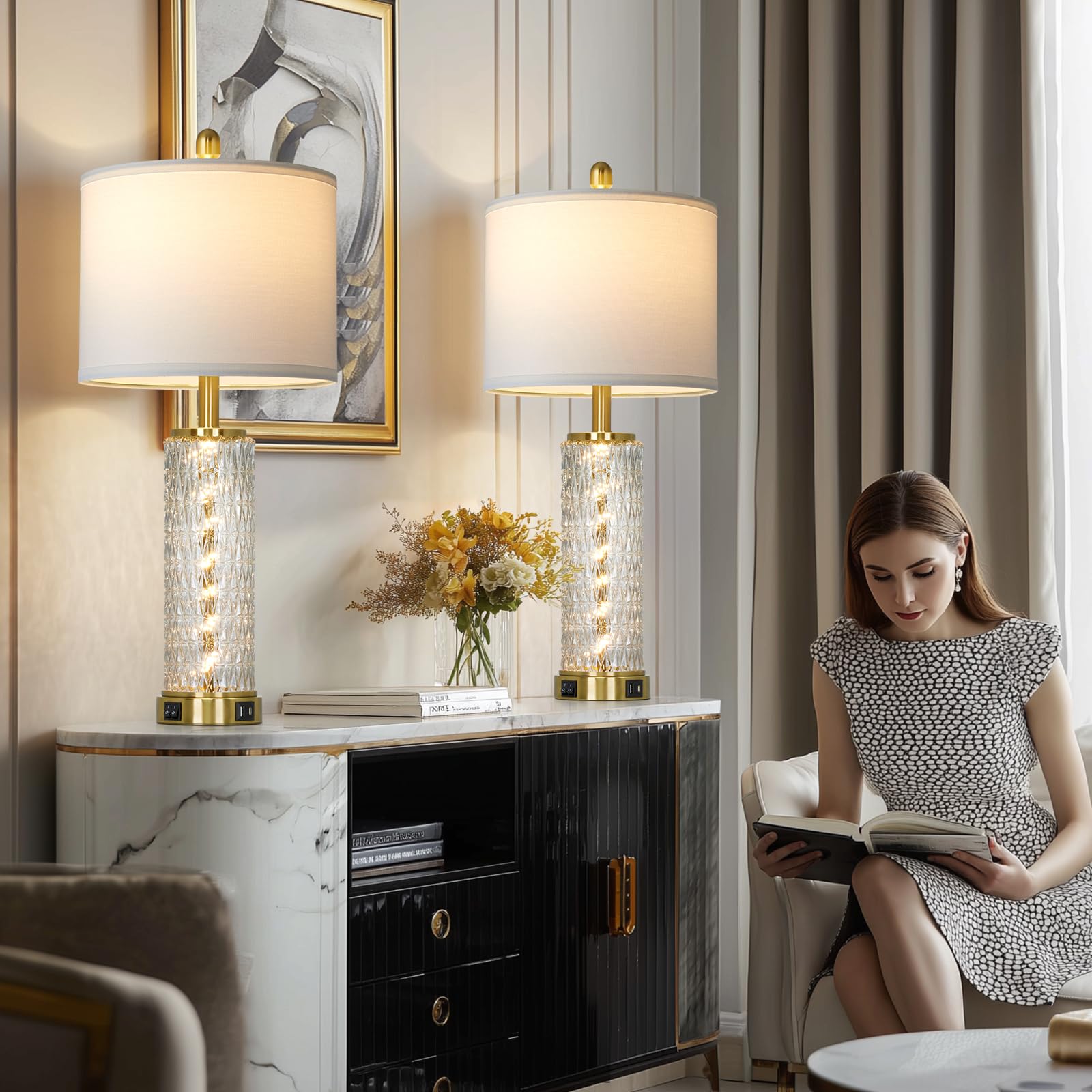 29" Gold Modern Table Lamps Set of 2, 3-Way Dimmable Touch Lamps for Nightstand with USB A+C & Outlets,Brass Lamps for Living Room, Bedroom, Nightstand, Entryway(2 Bulbs Included)