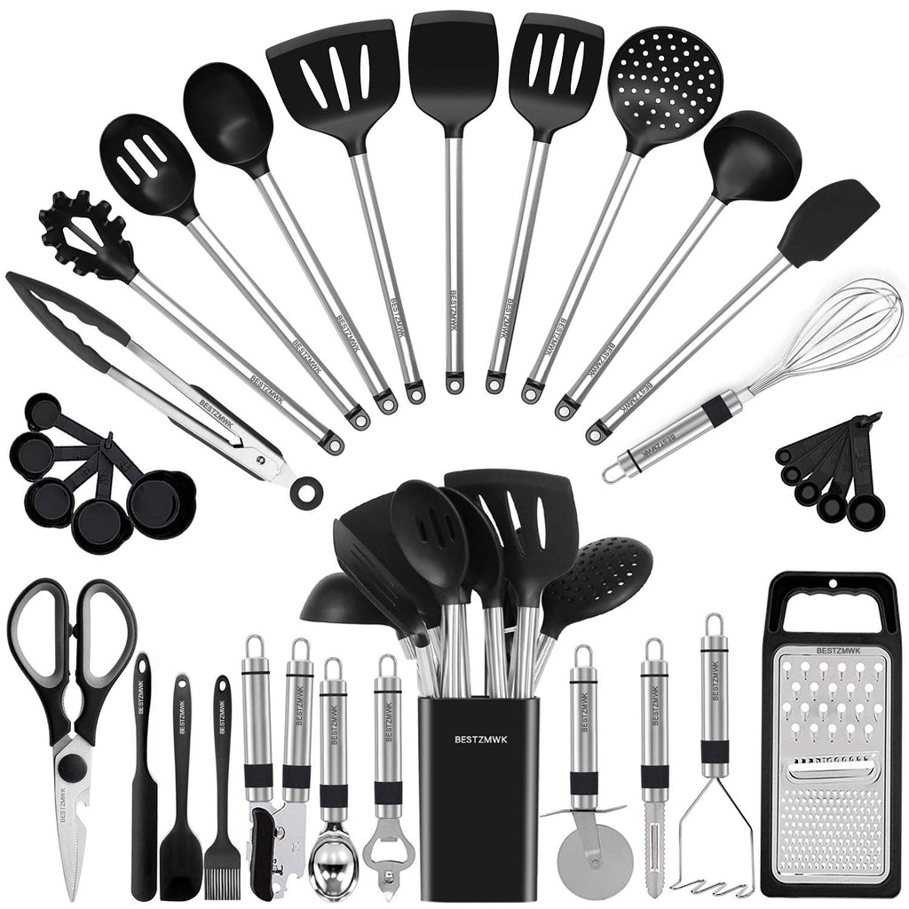 Kitchen Utensil Set-Silicone Cooking Utensils-33 Kitchen Gadgets & Spoons for Nonstick Cookware-Silicone and Stainless Steel Spatula Set-Best Kitchen Tools, Useful Pots (Khaki)