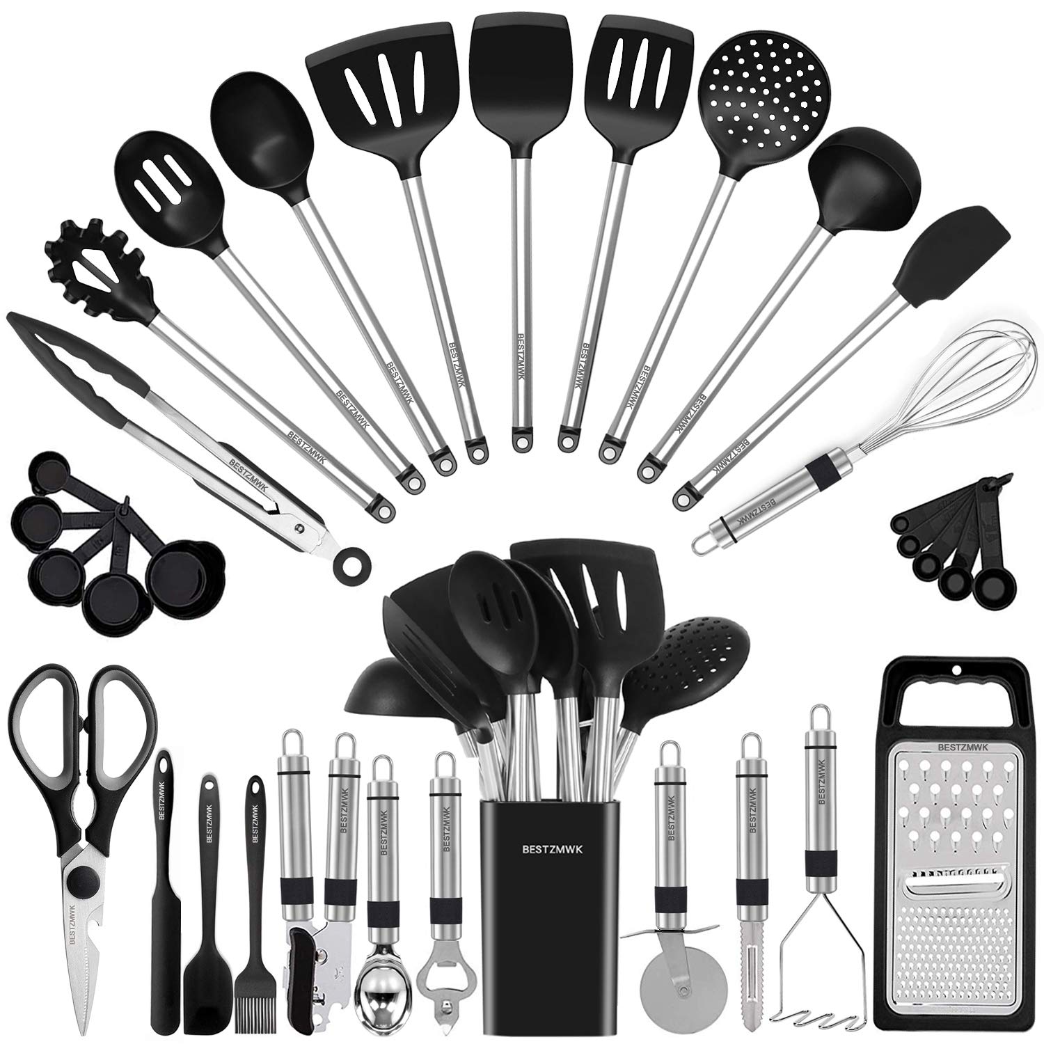 Kitchen Utensil Set-Silicone Cooking Utensils-33 Kitchen Gadgets & Spoons for Nonstick Cookware-Silicone and Stainless Steel Spatula Set-Best Kitchen Tools, Useful Pots (Khaki)