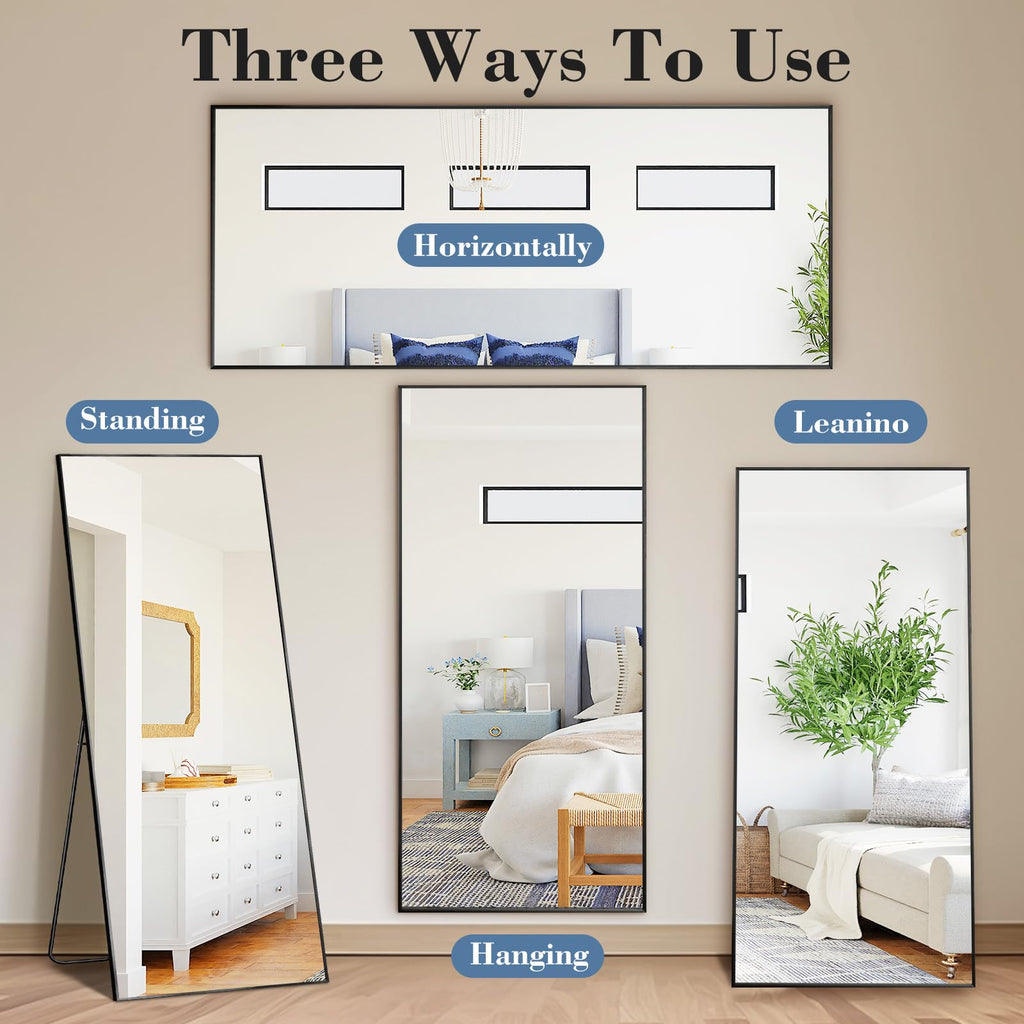 DUMOS Arched Full Length Mirror with Stand 64"x21" Floor Standing Aluminum Frame for Bedroom Body Hanging Leaning Modern Simple Home Decor Shatter-proorf Nano Glass Wall Living Room Cloakroom Black