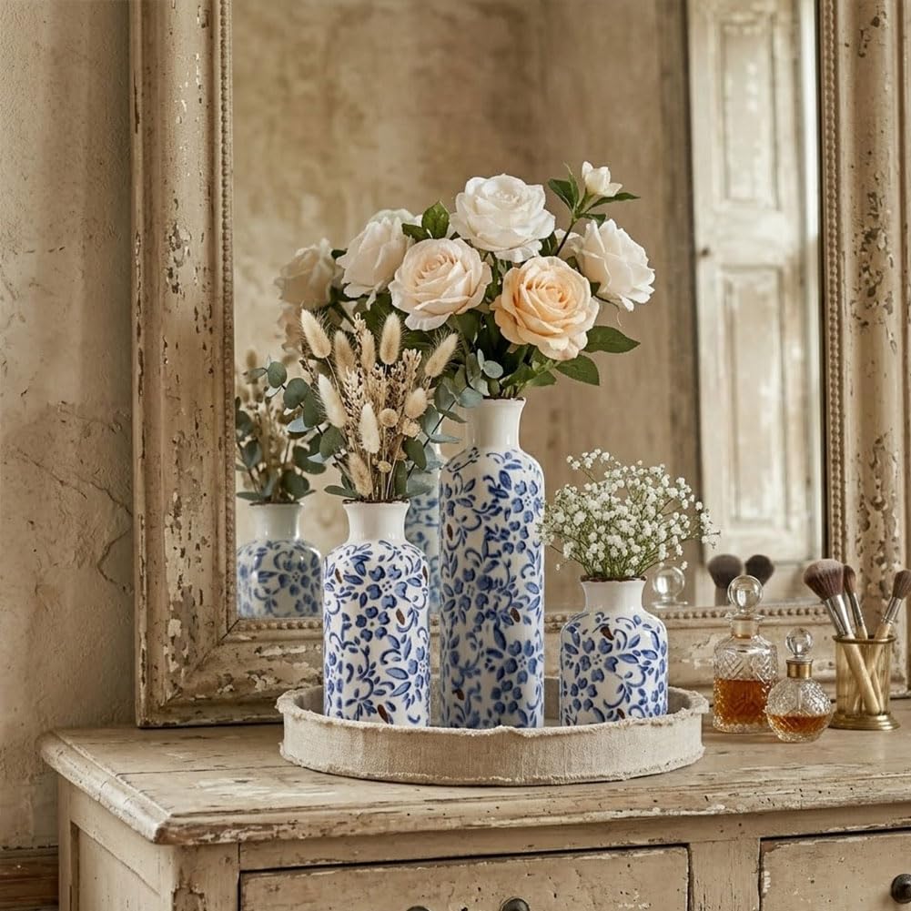 Blue Ceramic Vase Set - 3 Blue Small Vases, Farmhouse Country Flower Vase Home Decor, Living Room Decoration, Table Decoration, Fireplace Decor, and Entrance Decorations Centerpieces