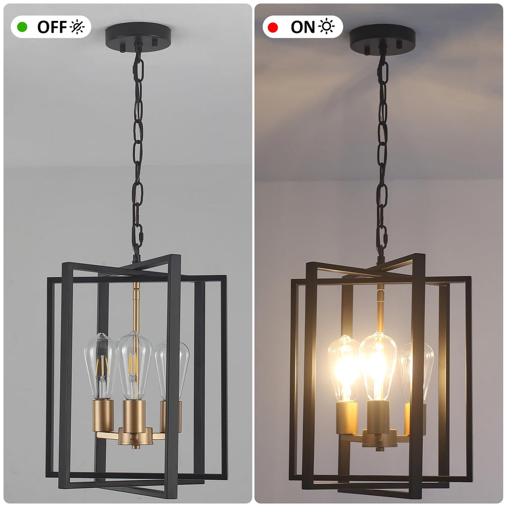 Black Gold Chandelier for Dining Room, Modern Farmhouse 3 Light Entryway Pendant Light Fixture Adjustable Geometric Industrial Rustic Foyer Light for Living Room Kitchen Island Hallway Bedroom