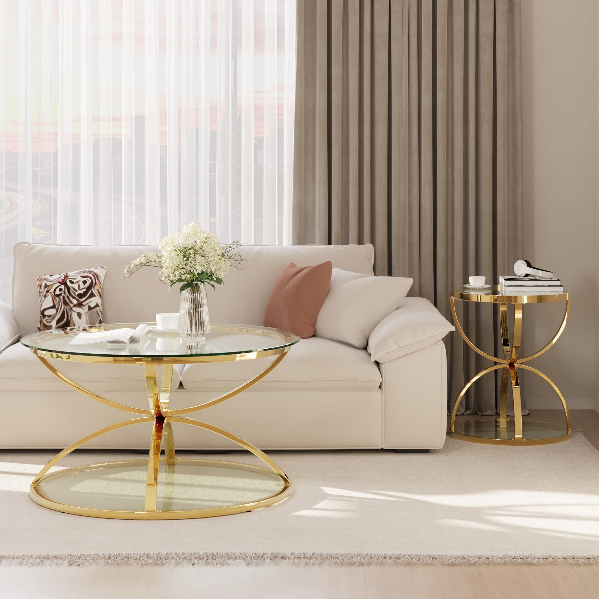32" Tempered Glass Round Coffee Table Modern Gold Frame Ring Base Single-Layer Circle Living Room Center Tables
