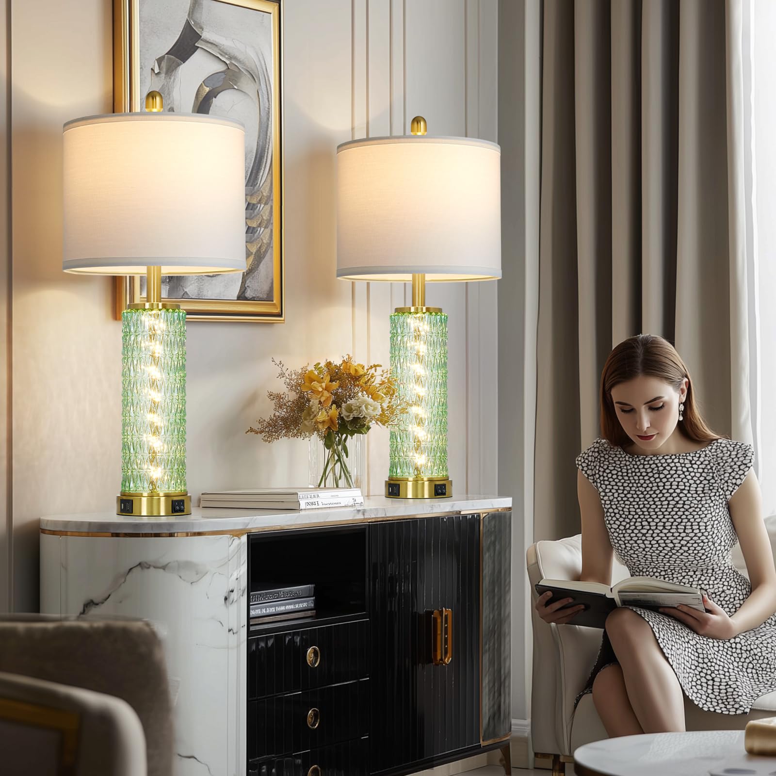 29" Gold Modern Table Lamps Set of 2, 3-Way Dimmable Touch Lamps for Nightstand with USB A+C & Outlets,Brass Lamps for Living Room, Bedroom, Nightstand, Entryway(2 Bulbs Included)