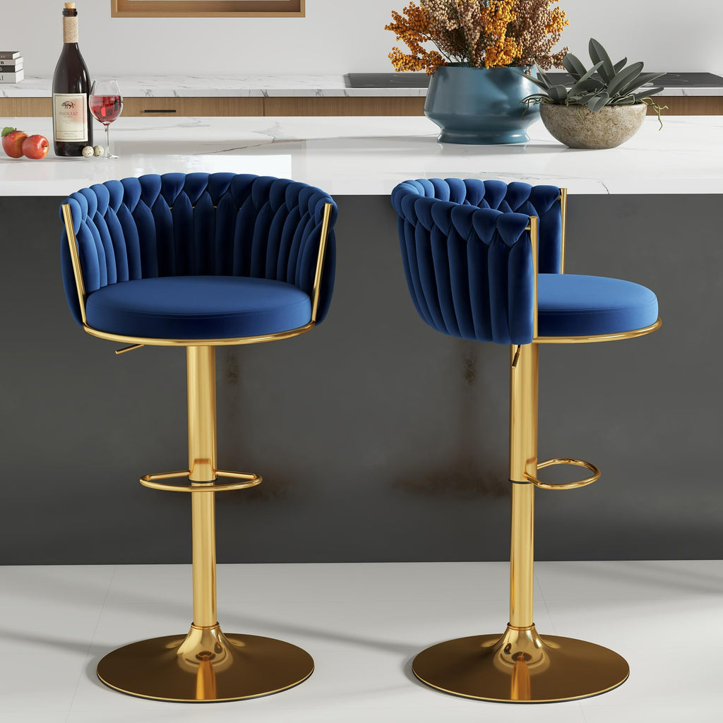 ABET Gold Bar Stool Set of 2, Velvet Swivel Barstools, Height Adjustable Counter Stools with Woven Back, Upholstered Modern Luxury Kitchen Stools with Footrest for Cafe, Pub, Black
