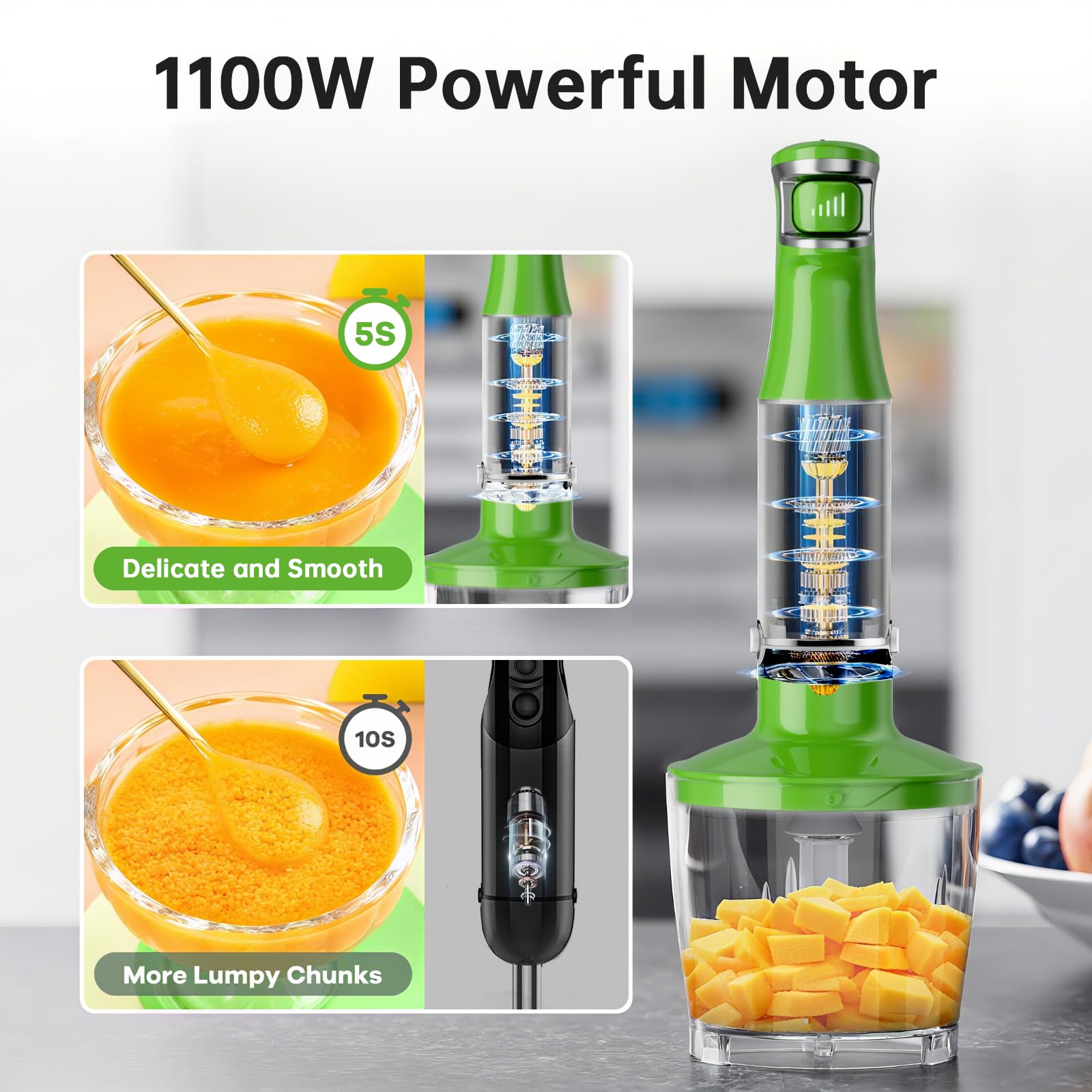 Turelar Immersion Blender Handheld Corded Hand Blenders Set 1100W, Trigger Variable Speed 5 in 1 Stick Emulsifier with Chopper, Whisk and Frother for Soup, Baby Food and Smoothies, Navy Blue