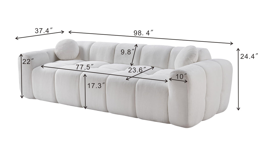98.4-Inch Oversized Boneless Cloud Couches Deep Seat Foam Sofa Couch with 2 Round Toss Pillows, Luxury Corduroy Upholstered 3 Seat Tufted Loveseat, Cloud Sofa in a Box