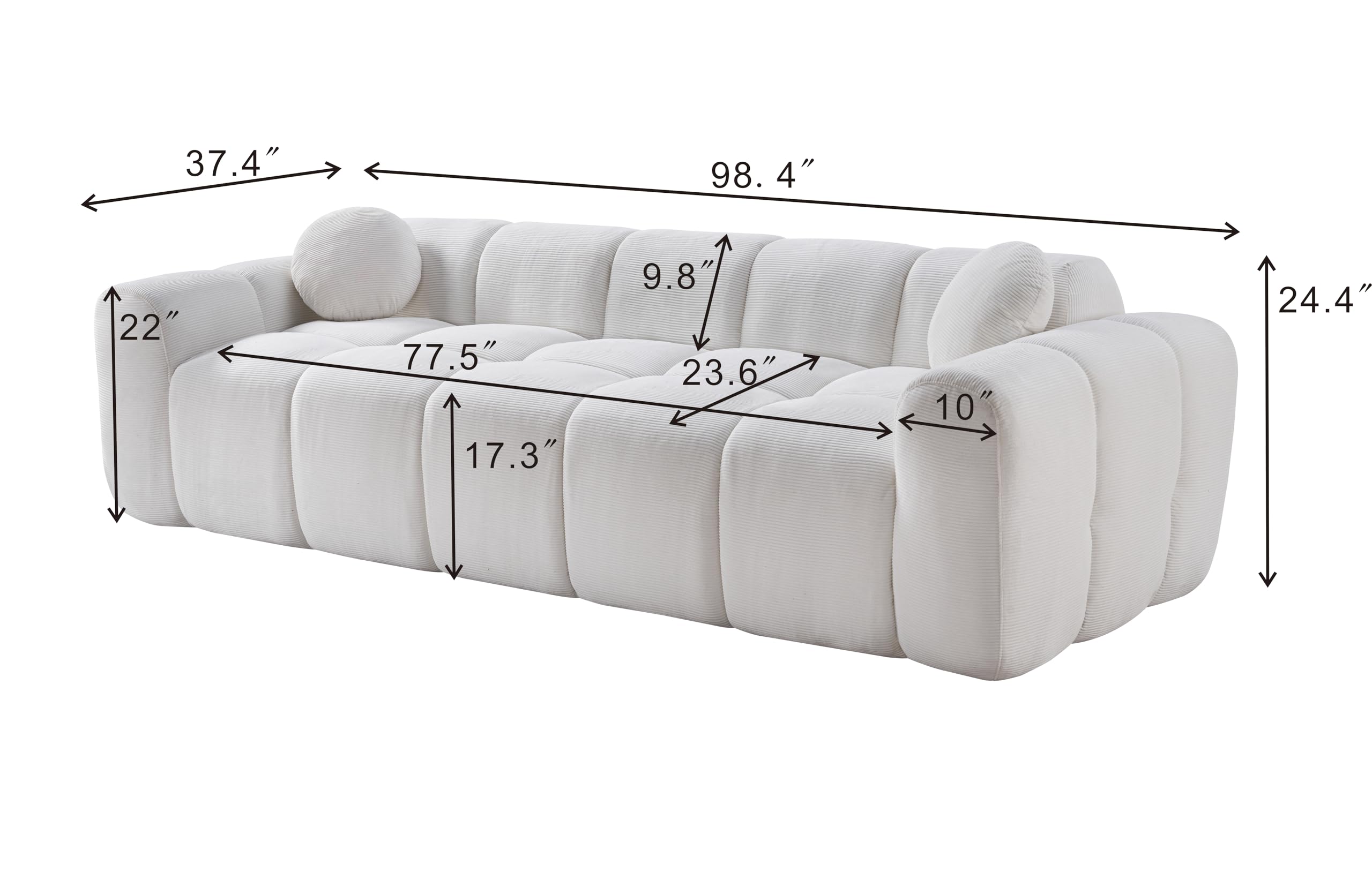 98.4-Inch Oversized Boneless Cloud Couches Deep Seat Foam Sofa Couch with 2 Round Toss Pillows, Luxury Corduroy Upholstered 3 Seat Tufted Loveseat, Cloud Sofa in a Box