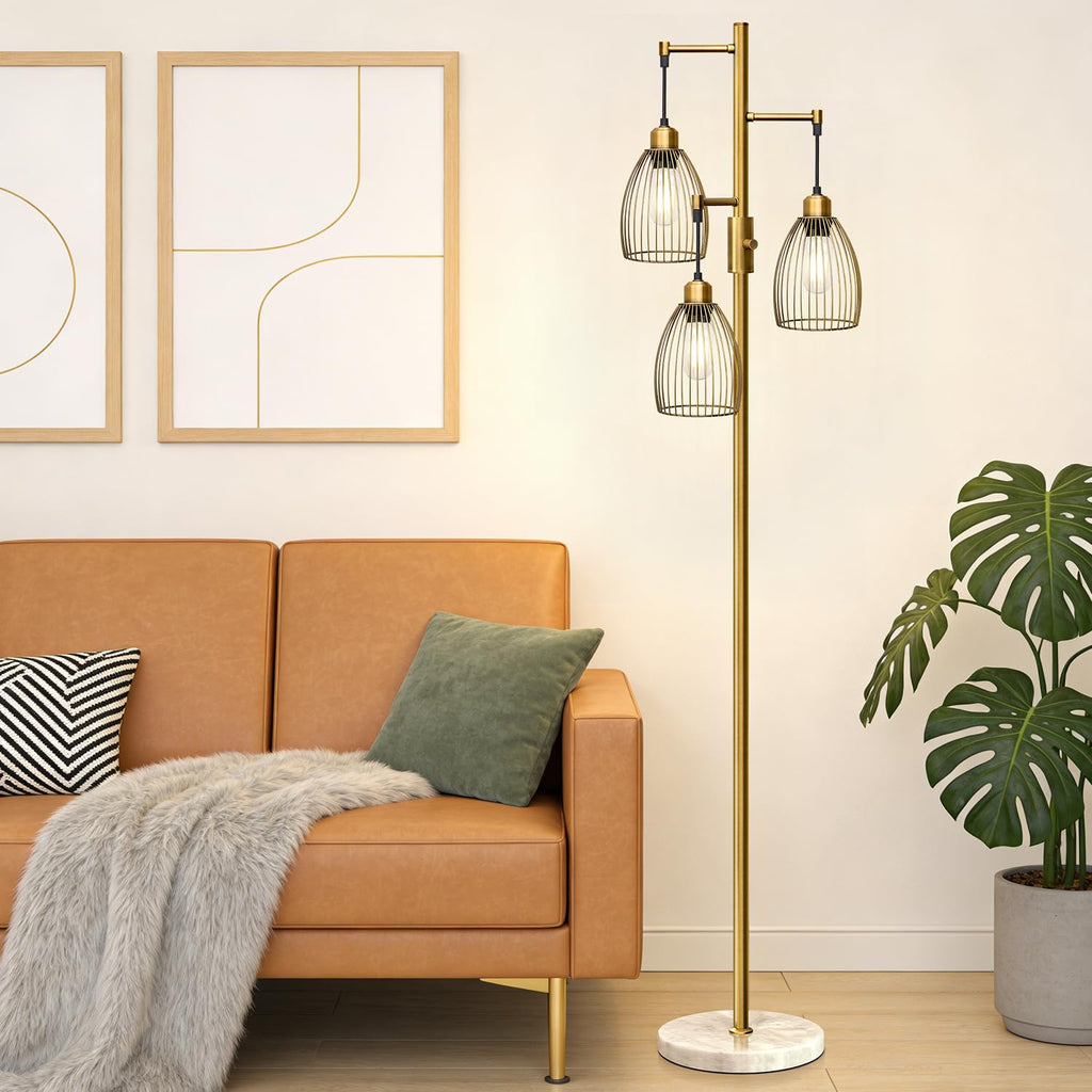 Dimmable Floor Lamp, Industrial Floor Lamps for Living Room, Gold Tree Lamp Standing Lamp Tall Lamps with 3 Elegant Teardrop Cage Head & 800 Lumens LED Bulbs for Living room Bedroom Office Dining Room