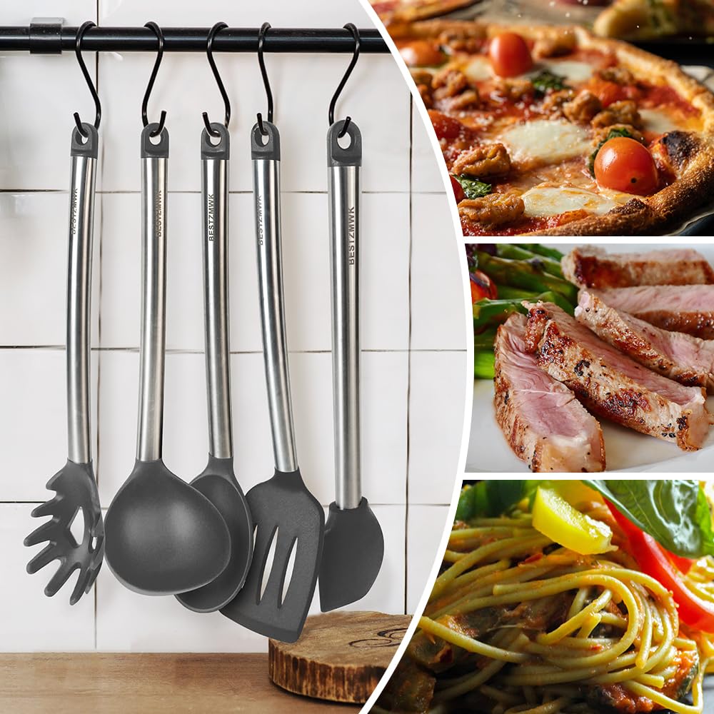 Kitchen Utensil Set-Silicone Cooking Utensils-33 Kitchen Gadgets & Spoons for Nonstick Cookware-Silicone and Stainless Steel Spatula Set-Best Kitchen Tools, Useful Pots (Khaki)