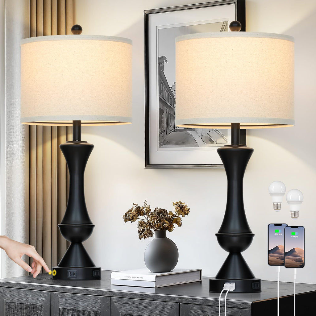 29" Gold Modern Table Lamps Set of 2, 3-Way Dimmable Touch Lamps for Nightstand with USB A+C & Outlets,Brass Lamps for Living Room, Bedroom, Nightstand, Entryway(2 Bulbs Included)