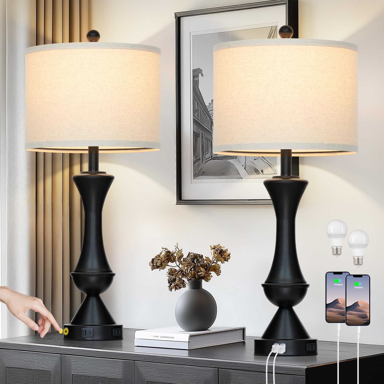 29" Gold Modern Table Lamps Set of 2, 3-Way Dimmable Touch Lamps for Nightstand with USB A+C & Outlets,Brass Lamps for Living Room, Bedroom, Nightstand, Entryway(2 Bulbs Included)