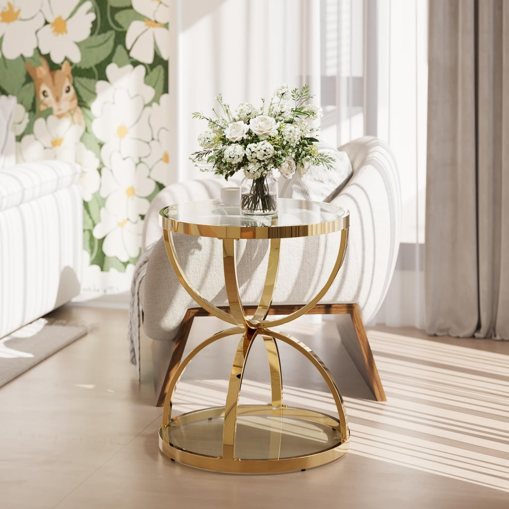 32" Tempered Glass Round Coffee Table Modern Gold Frame Ring Base Single-Layer Circle Living Room Center Tables