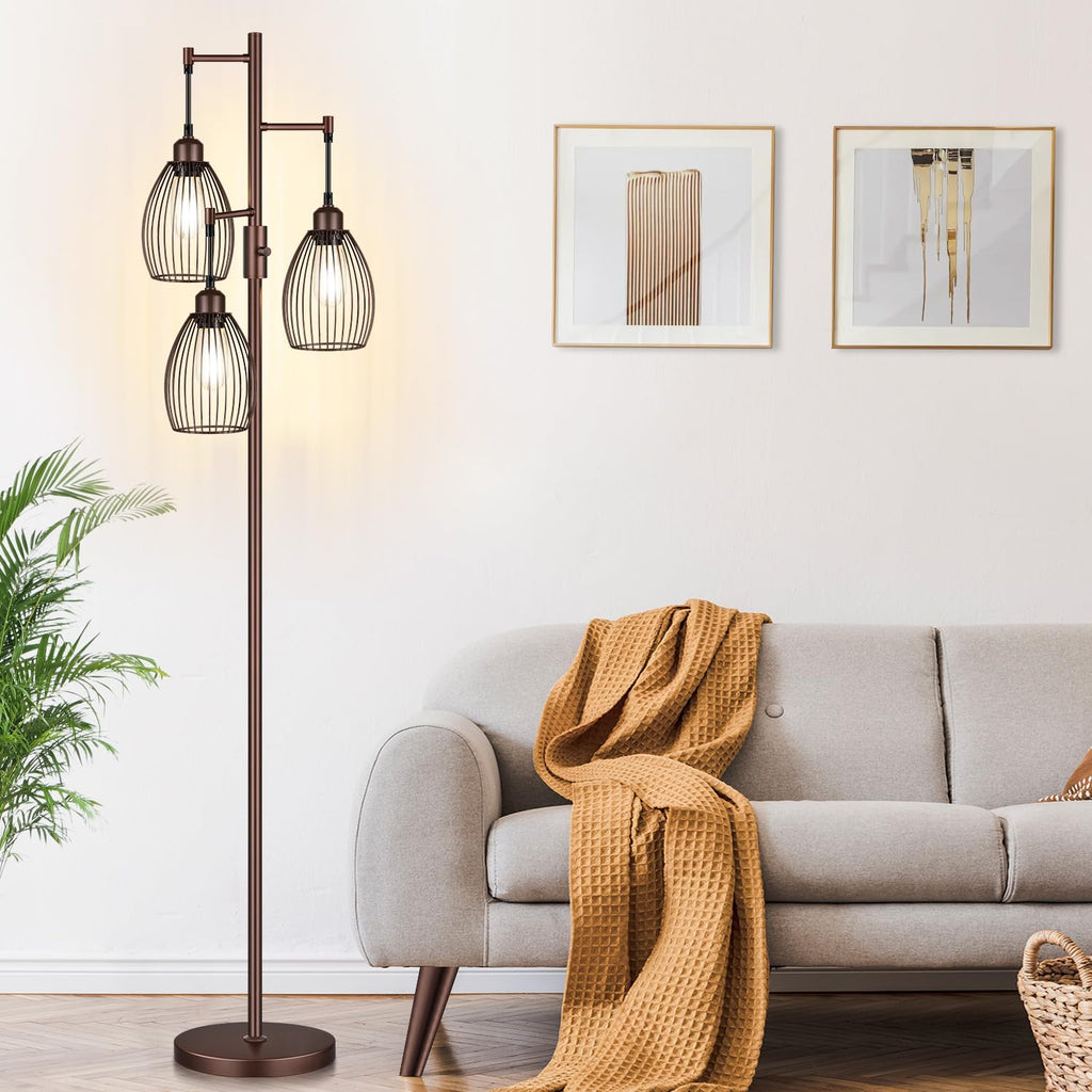 Dimmable Floor Lamp, Industrial Floor Lamps for Living Room, Gold Tree Lamp Standing Lamp Tall Lamps with 3 Elegant Teardrop Cage Head & 800 Lumens LED Bulbs for Living room Bedroom Office Dining Room