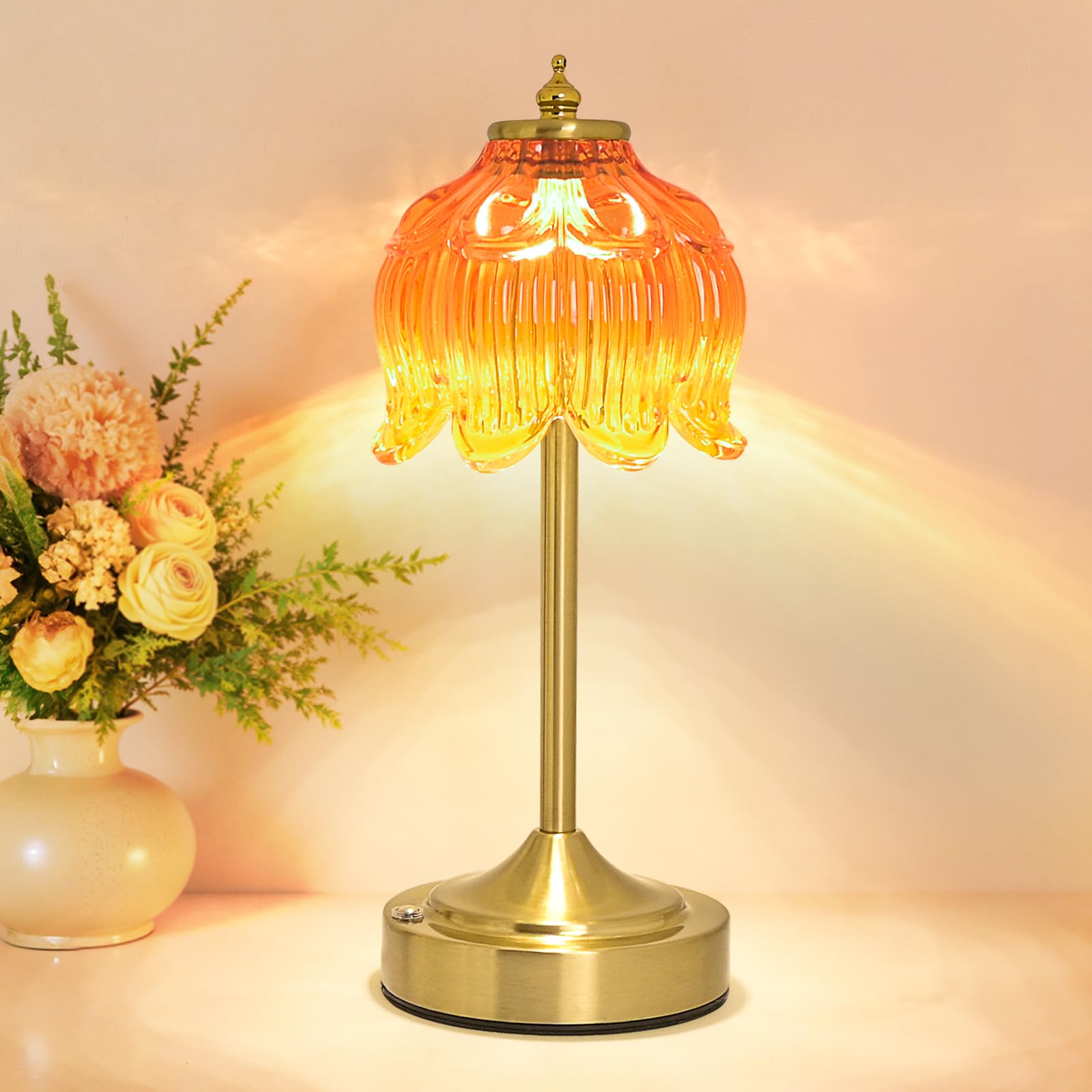 Cordless Lotus Flower Table Lamp, 5200mAh Rechargeable Battery Operated Portable Lamp, 3-Color Dimmable Touch Control Small Desk Lamp for Bedroom, Office, Kitchen, Nightstand,Room Decor (Flower Amber)