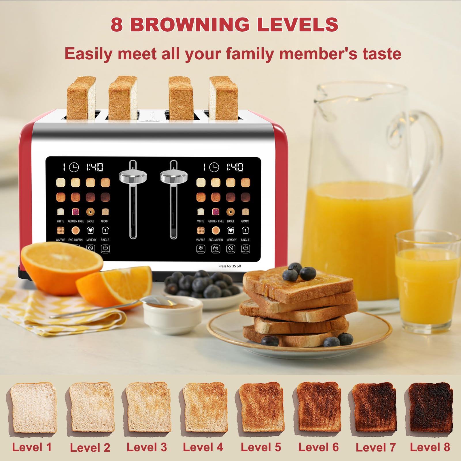 4 Slice Toaster Touch Screen, Stainless Steel Toasters Digital Timer, Dual Control Panel Toasters, 8 Shade Settings 6 Bread Types for Bagel, Cancel, Defrost 1650W