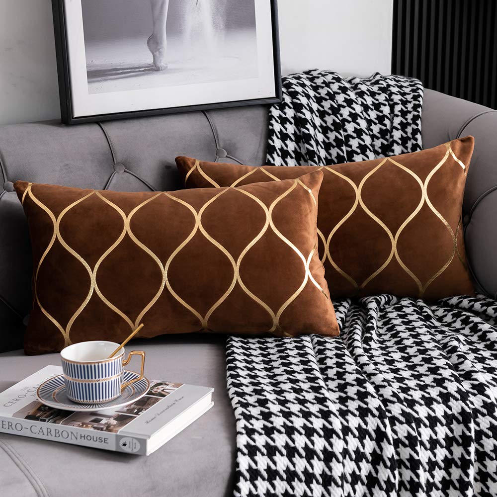 DEZENE 12x20 Inch Gold Velvet Throw Pillow Covers: 2 Pack Rectangular Decorative Pillow Cases for Bedroom Sofa Couch Living Room, Black
