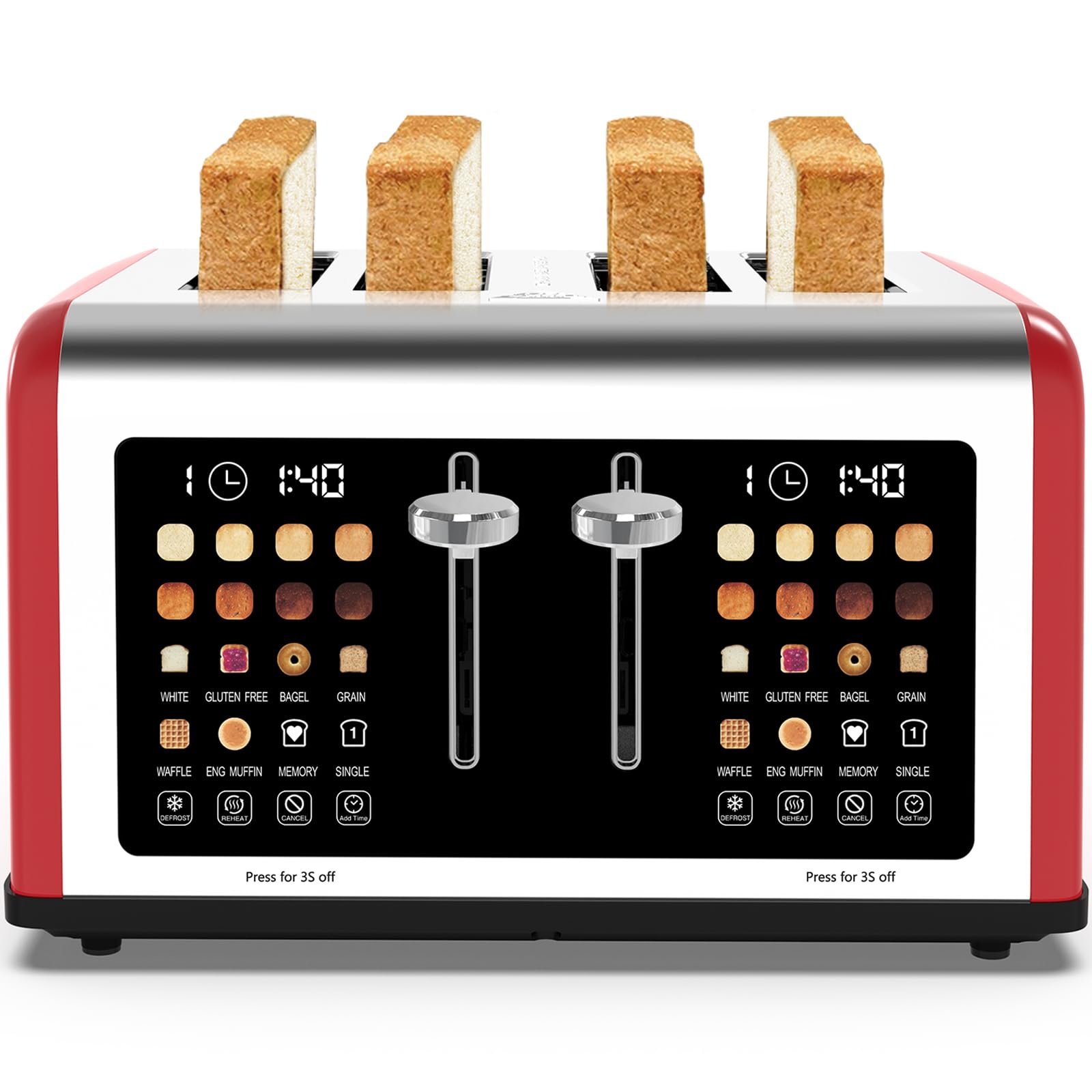 4 Slice Toaster Touch Screen, Stainless Steel Toasters Digital Timer, Dual Control Panel Toasters, 8 Shade Settings 6 Bread Types for Bagel, Cancel, Defrost 1650W