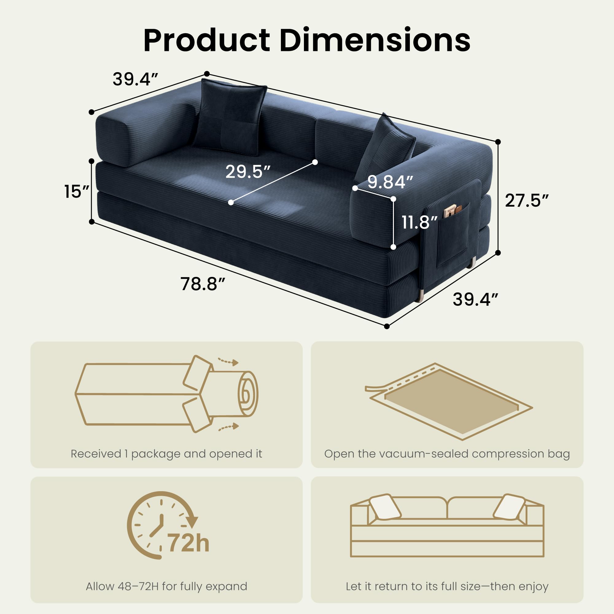 78.8" Convertible Futon Sofa Bed,Corduroy Futon Couch with Storage Pocket,Folding Pull Out Sofa,No Assembly Boneless Couch for Living Room | Pink