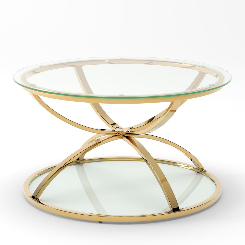 32" Tempered Glass Round Coffee Table Modern Gold Frame Ring Base Single-Layer Circle Living Room Center Tables