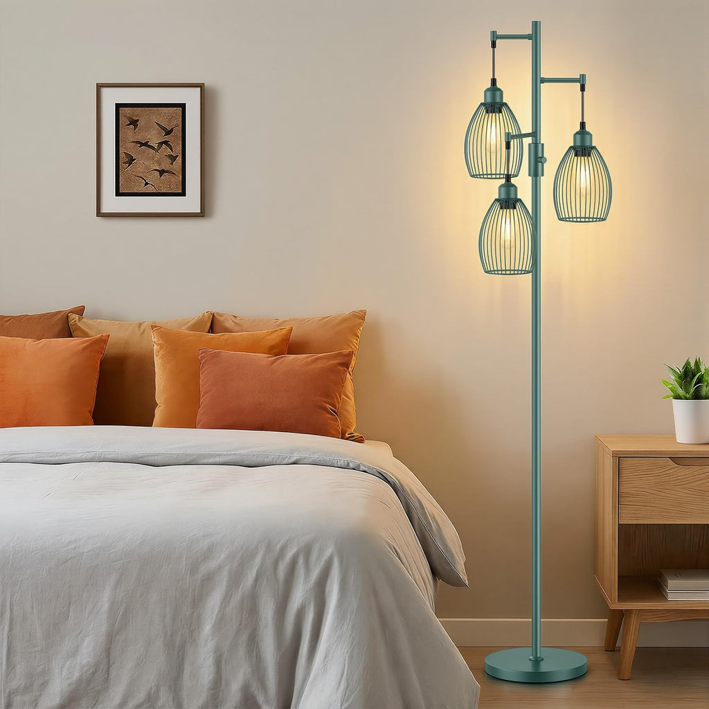 Dimmable Floor Lamp, Industrial Floor Lamps for Living Room, Gold Tree Lamp Standing Lamp Tall Lamps with 3 Elegant Teardrop Cage Head & 800 Lumens LED Bulbs for Living room Bedroom Office Dining Room