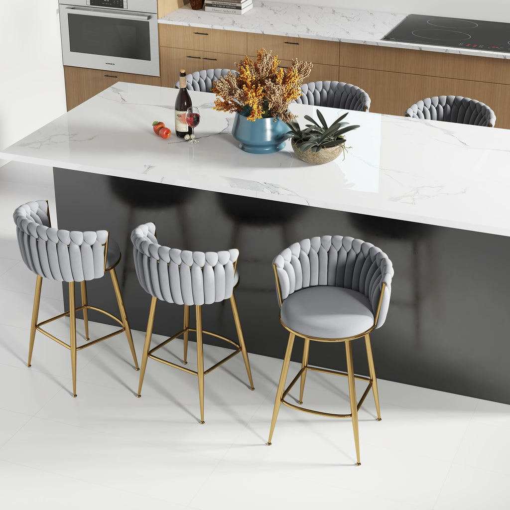 ABET Gold Bar Stool Set of 2, Velvet Swivel Barstools, Height Adjustable Counter Stools with Woven Back, Upholstered Modern Luxury Kitchen Stools with Footrest for Cafe, Pub, Black